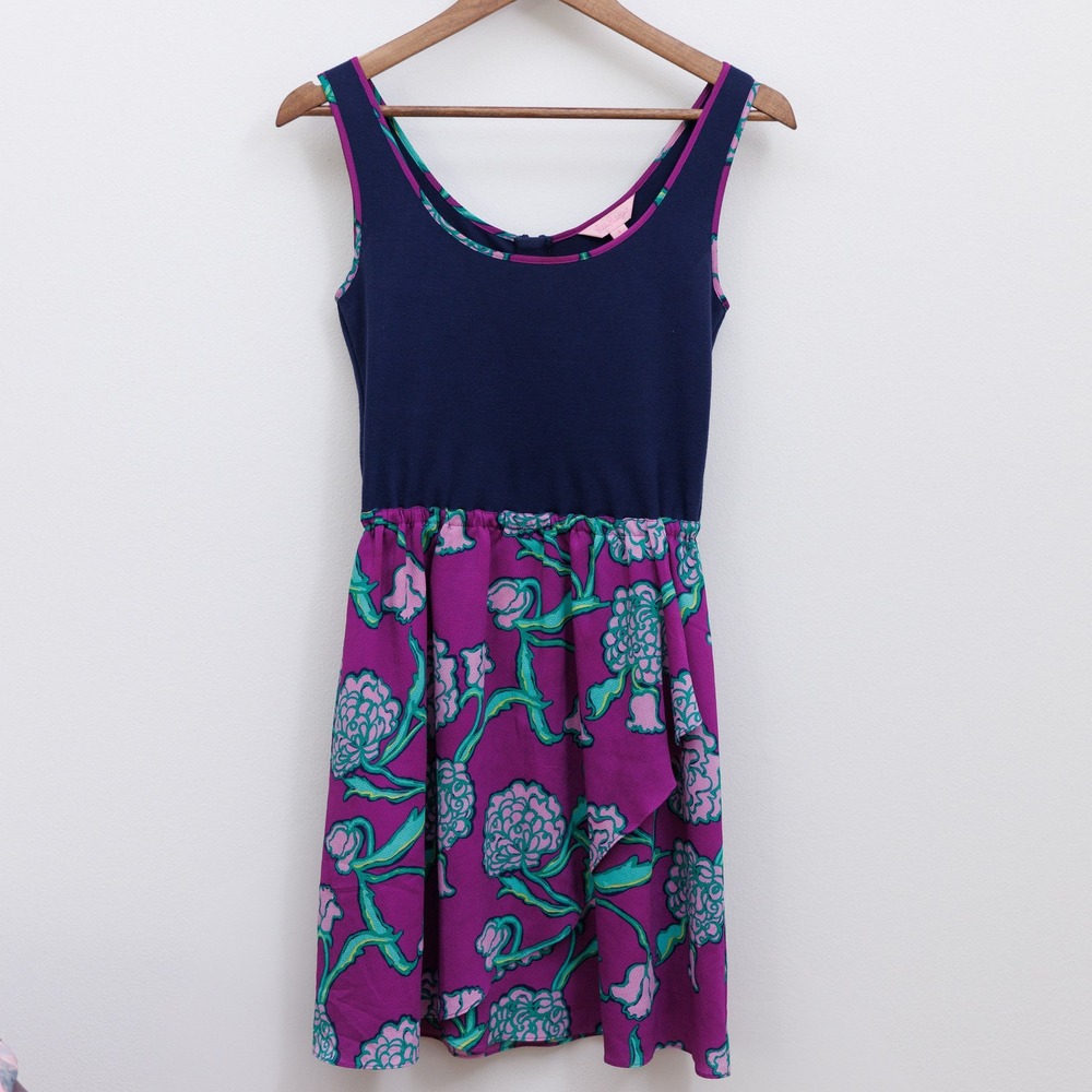 Lilly Pulitzer Navy Purple Floral Jacquard Mixed Media Sleeveless Dress Small